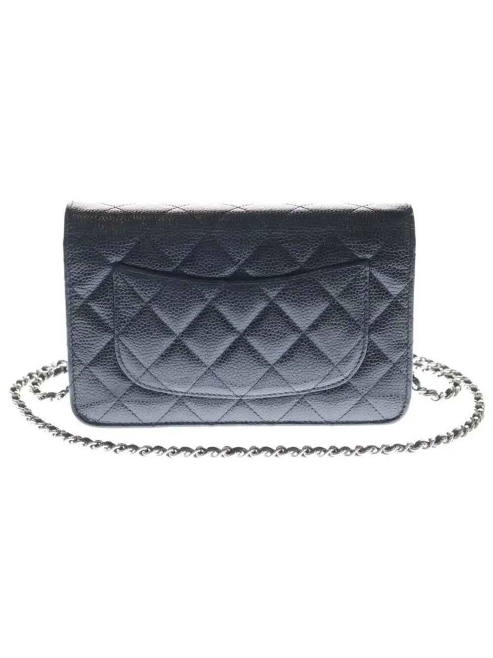 Chanel Quilted Chain Shoulder Wallet Bag Black Caviar Leather Silver